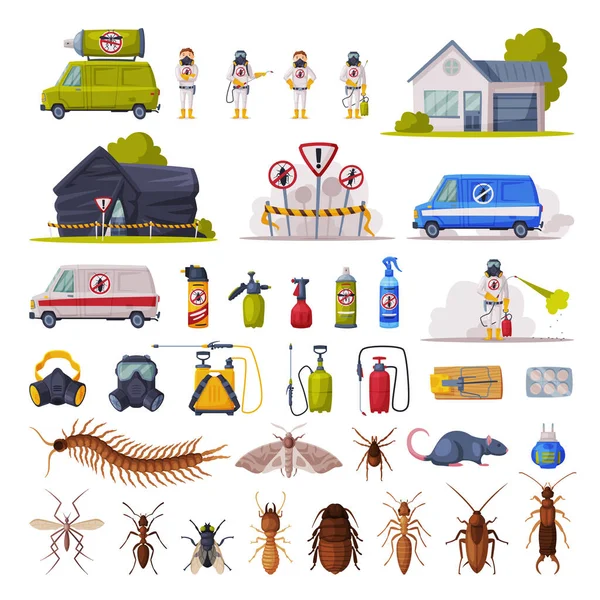 Home Pest Control Service Set, echipamente de exterminare și protecție, insecte dăunătoare Ilustrație vectorială — Vector de stoc