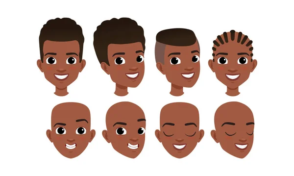 Conjunto de cabezas masculinas, personajes alegres de chicos afroamericanos con varios peinados, frontal, perfil, tres cuartos de vuelta Ver ilustración vectorial de estilo de dibujos animados — Archivo Imágenes Vectoriales