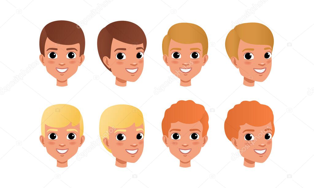 Male Heads Set, Cheerful Caucasian Boys Characters with Various Hairstyles, Frontal, Profile, Three Quarter Turn View Cartoon Style Vector Illustration