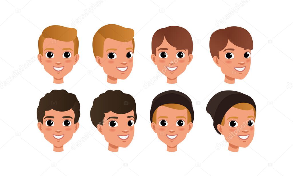 Male Heads Set, Smiling Boys Characters with Various Hairstyles, Frontal, Profile, Three Quarter Turn View Cartoon Style Vector Illustration