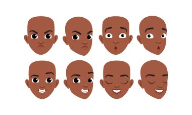 Erkek Başları Seti, Afro-Amerikan Çocuğun Yüzü, Frontal, Profil, Üç Çeyrek Dönemeç Görünümü Çizgi Film Biçimi Resimleri