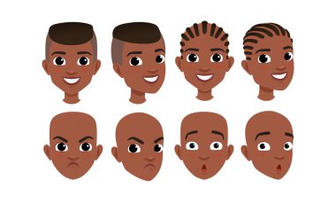 Erkek Başları Seti, Çeşitli Saç Tarzı, Ön, Profil, Üç Çeyrek Dönemeç Görünümü Çizgi Film Biçimli Vektör İllüstrasyonlu Afro-Amerikan Çocuğun Yüzü
