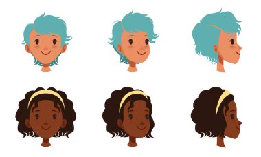 Female Heads Set, Frontal, Profile, Cheerful Caucasian and African American Teenage Girls Characters, Three Quarter turn View Style Vector Illustration