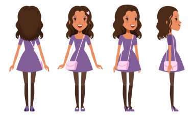 Farklı Taraflardan, Önden, Arkadan ve Yandan Güzel Esmer Kız Karakterinin Tam Uzun Portresi, Çizgi Film Tarzı Vektör İllüstrasyonu