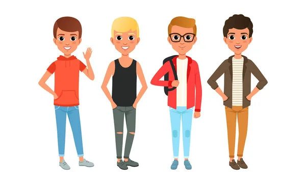 Quatre garçons vêtus de vêtements à la mode debout ensemble, Groupe de personnages adolescents Illustration vectorielle de style bande dessinée — Image vectorielle