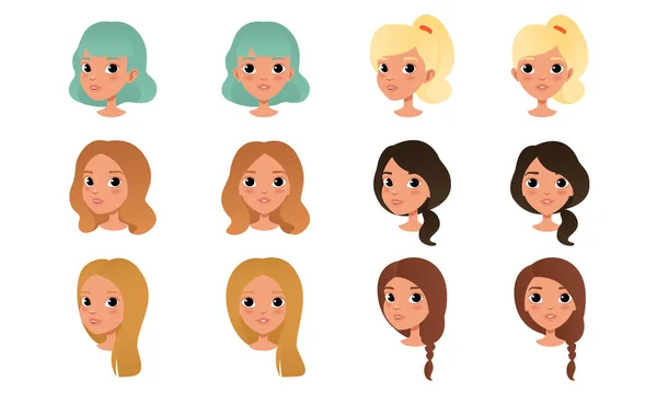 Heads of Söta flickor Set, vackra kvinnliga karaktärer med olika frisyrer tecknad stil vektor Illustration — Stock vektor