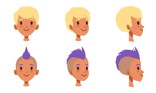 Conjunto de cabeças masculinas, personagens de meninos caucasianos com vários penteados, Frontal, Perfil, Three Quarter Turn View Cartoon Style Vector Illustration — Vetor de Stock