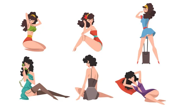 Seductive Girls Set, Beautiful Brunette Sensual Young Women in Lingerie Cartoon Style Vector Illustration — Stock Vector