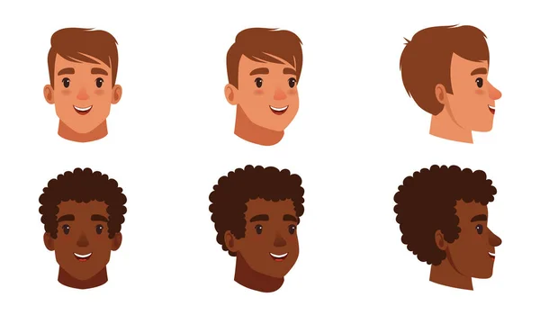 Male Heads Set, Frontal, Profile, Cheerful Caucasian and African American Teenage Boys Characters, Three Quarter Turn View Cartoon Style Vector Illustration — Stock Vector