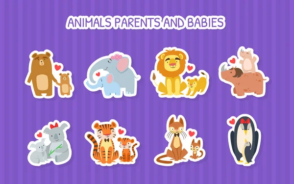 Animals Parents and Babies Stickers Set, Lion, Giraffe, Crocodile, Tiger, Rhinoceros, Elephanat, Penguin, Bear, Happy Animals Families Cartoon Vector Illustration