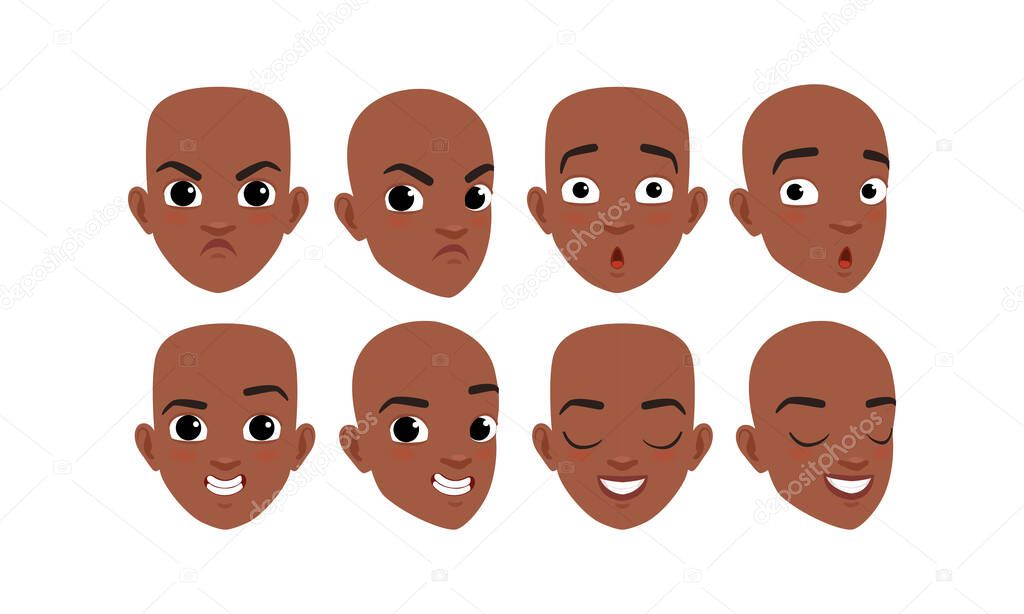 Male Heads Set, Face of African American Boy, Frontal, Profile, Three Quarter Turn View Cartoon Style Vector Illustration
