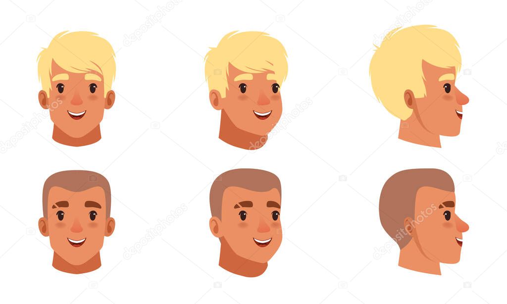 Male Heads Set, Smiling Caucasian Young Men Characters, Frontal, Profile, Three Quarter Turn View Cartoon Style Vector Illustration