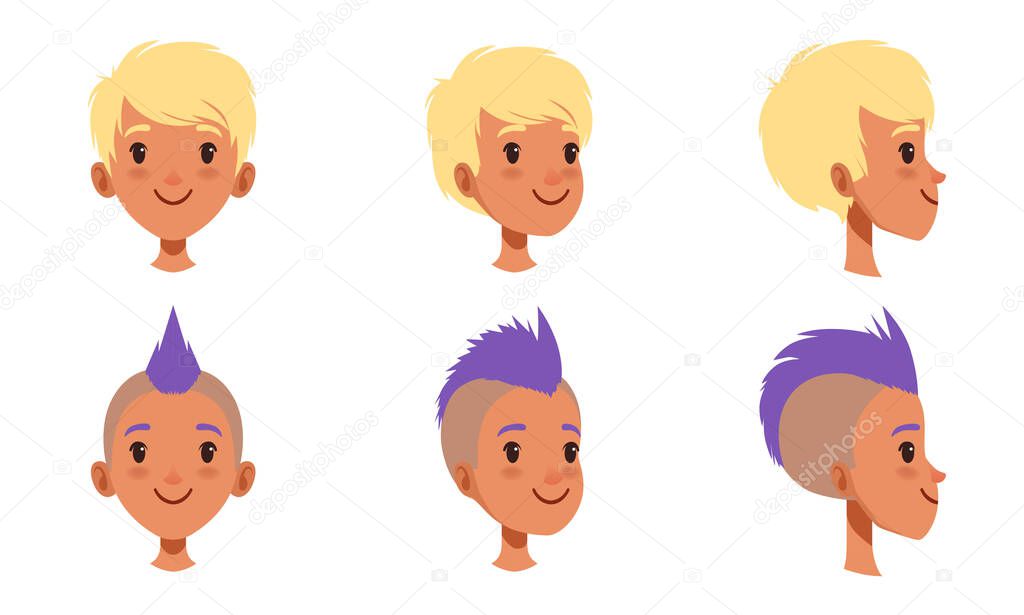 Male Heads Set, Caucasian Boy Characters with Various Hairstyles, Frontal, Profile, Three Quarter Turn View Cartoon Style Vector Illustration