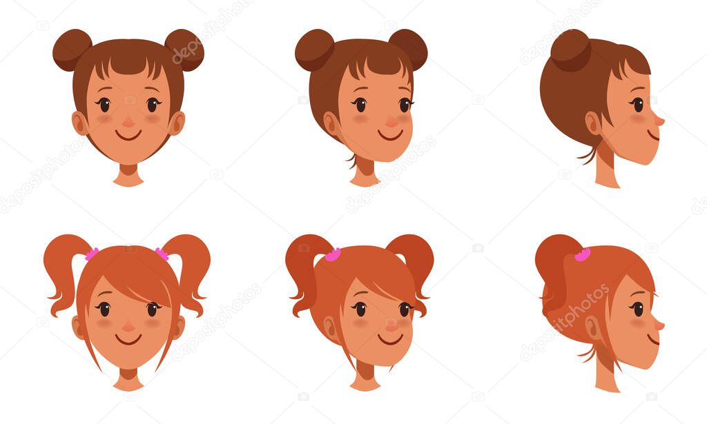 Female Heads Set, Cheerful Girls Characters with Various Hairstyles, Frontal, Profile, Three Quarter Turn View Cartoon Style Vector Illustration