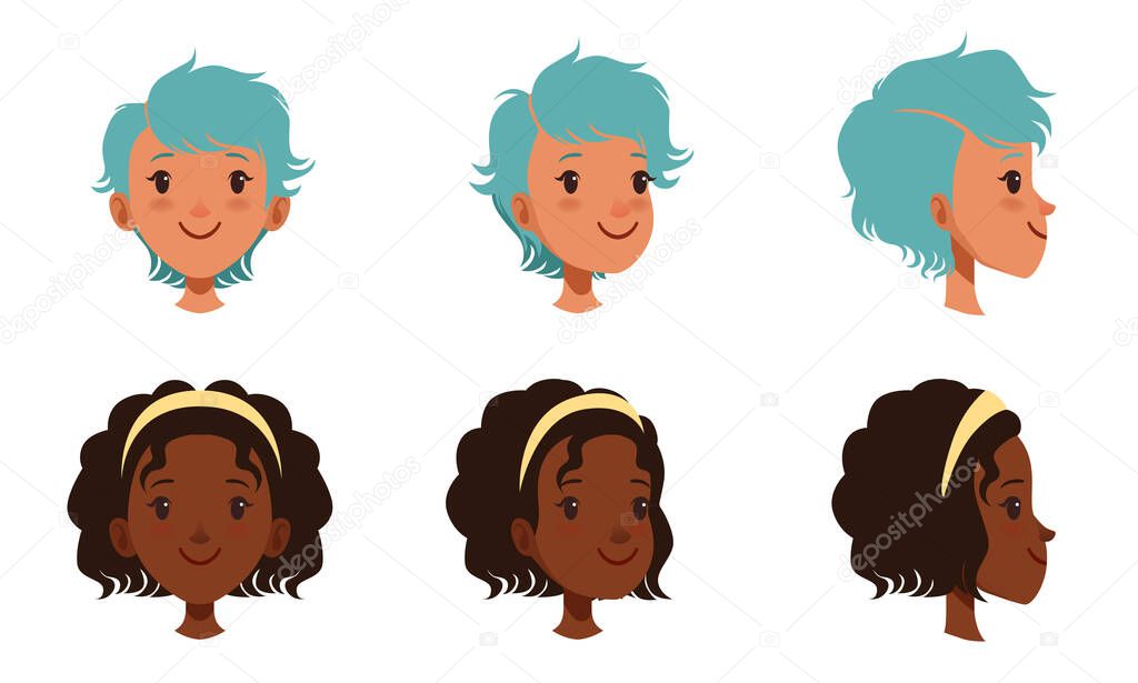 Female Heads Set, Frontal, Profile, Cheerful Caucasian and African American Teenage Girls Characters, Three Quarter Turn View Cartoon Style Vector Illustration