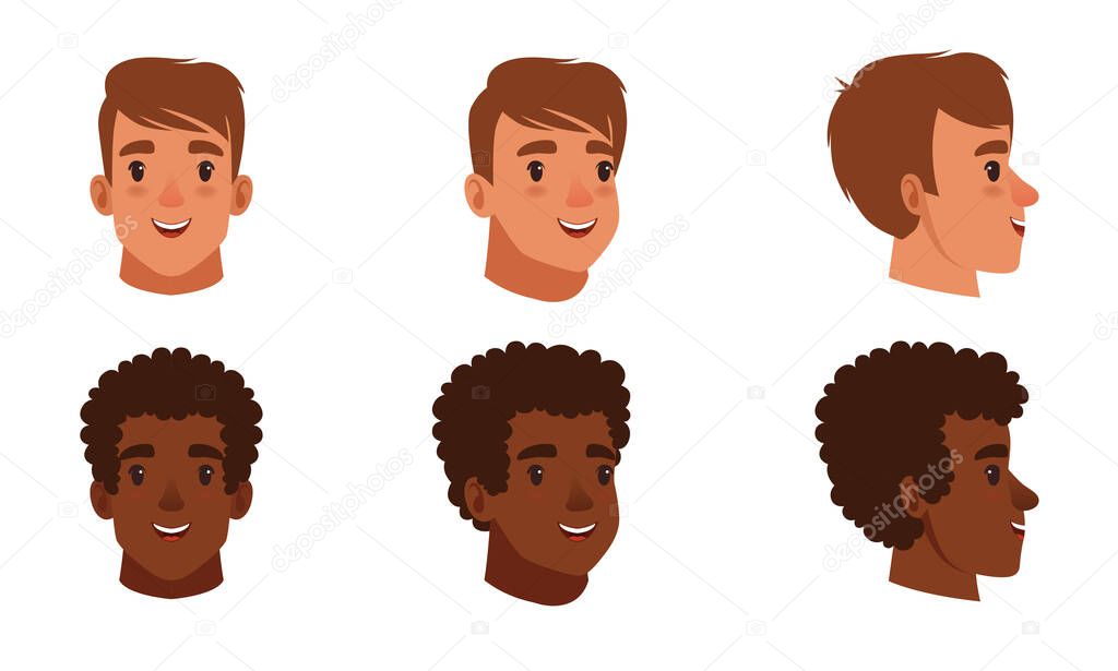 Male Heads Set, Frontal, Profile, Cheerful Caucasian and African American Teenage Boys Characters, Three Quarter Turn View Cartoon Style Vector Illustration