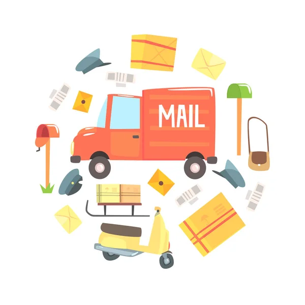Vehículo de carga de oficina de correos y objetos de entrega postal de ilustración vectorial de forma redonda — Archivo Imágenes Vectoriales
