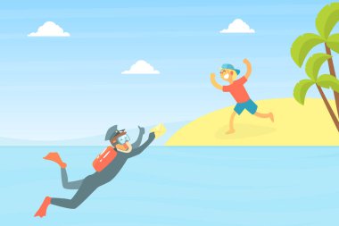 Mutlu Çocuk Scuba Dalış Maskesiyle Üniformalı Postacıya Koşan Mektup bo Su Vektörü İllüstrasyonu