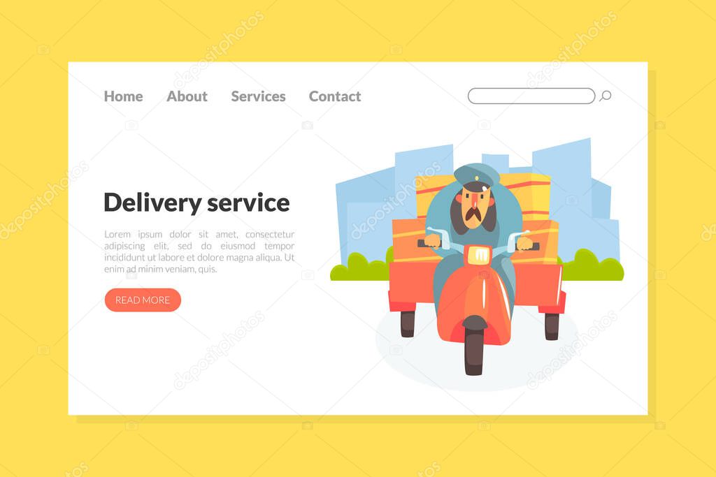 Delivery Service Landing Page Template, Funny Postman in Uniform Delivering Parcels and Letters on Motorbike Web Page, Mobile App, Homepage Vector Illustration