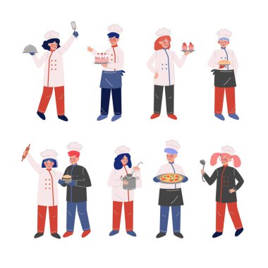 Restoranda veya Cafe Vector Illustration 'da Çalışan Geleneksel Üniforma Giyen Profesyonel Aşçı Karakterleri Koleksiyonu, Mutfakçılar ve Fırıncılar