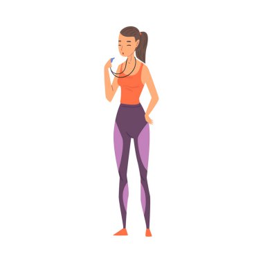 Kadın Koç, Spor Üniformalı Kadın Eğitmen Karakteri. Elindeki Islıkla Bekliyor.