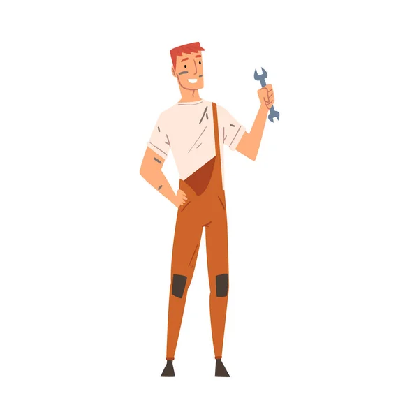 Εύθυμο αρσενικό εργαζόμενος με Ppe Wrench στο χέρι του, Υδραυλική Χαρακτήρας σε φόρμες και Cap Vector Εικονογράφηση σε λευκό φόντο — Διανυσματικό Αρχείο