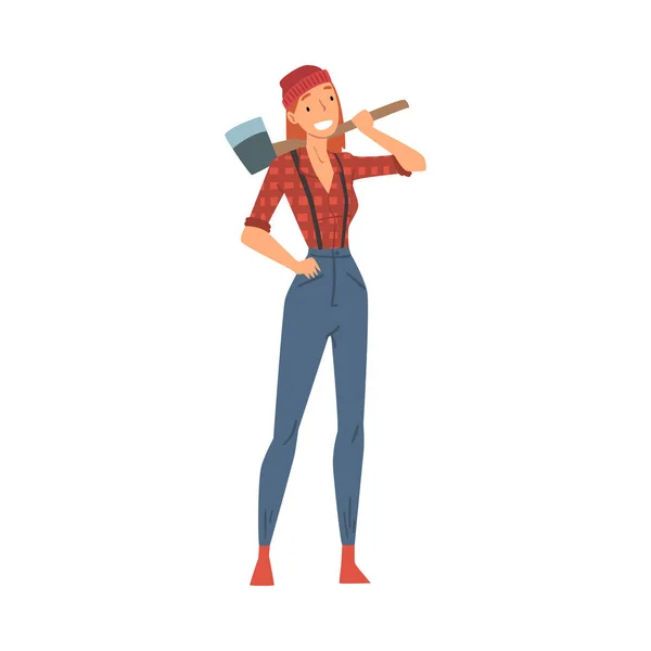 Femme bûcheron, personnage de bûcheron féminin dans les vêtements de travail debout avec Axe Illustration vectorielle sur fond blanc — Image vectorielle