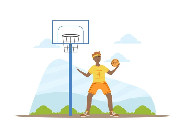 男性アフリカ系アメリカ人バスケットボール,若い男が屋外で物理的な活動を行うベクトルイラスト — ストックベクタ