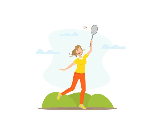 Menina jogando Badminton, jovem mulher fazendo atividade física ao ar livre Vector Ilustração — Vetor de Stock