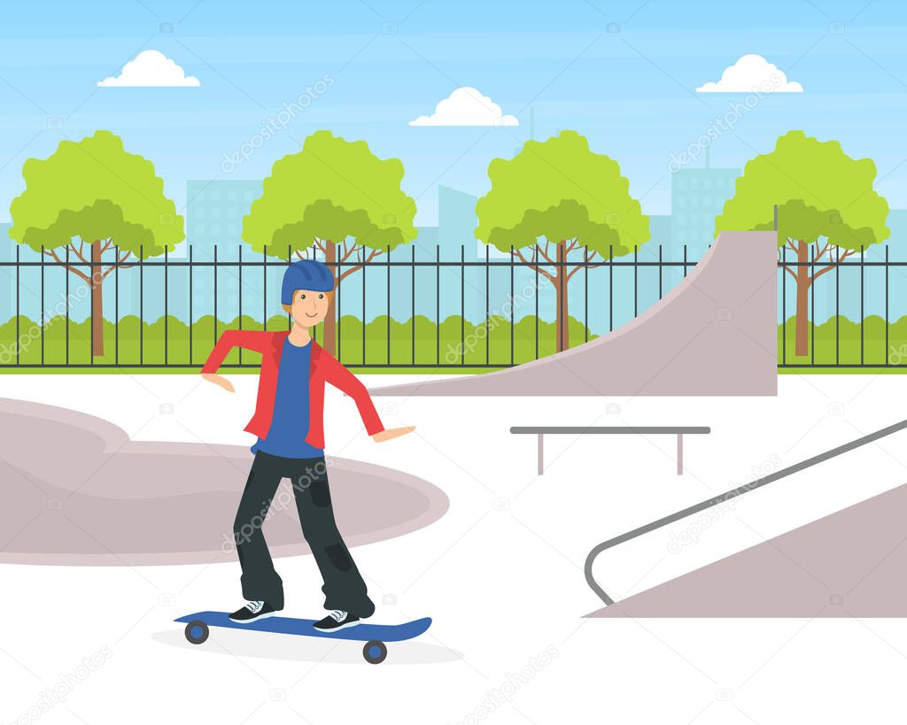 Teenage Boy Scateboarding, Guy Doing Physical Activity Outdoors Vector Illustration