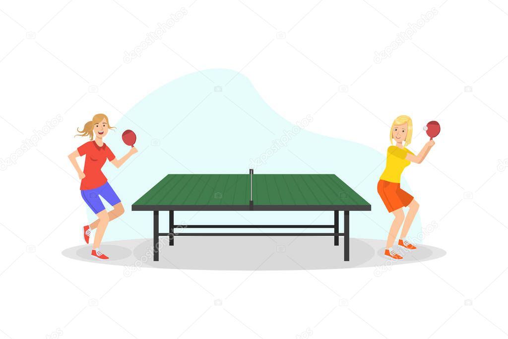 Two Girls Playing Table Tennis Game, People Doing Physical Activity and Sports Vector Illustration