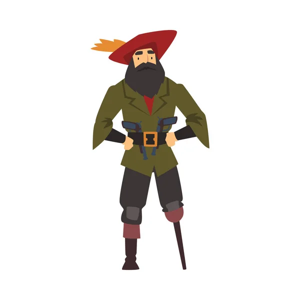 Pirata velho com perna de madeira, ilustração masculina do vetor do caráter dos desenhos animados do Buccaneer — Vetor de Stock