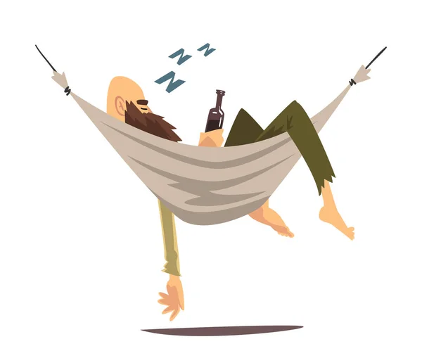 喝醉酒的海盗在一个吊床里睡觉，吊床上装着一壶Rum向量图解 — 图库矢量图片