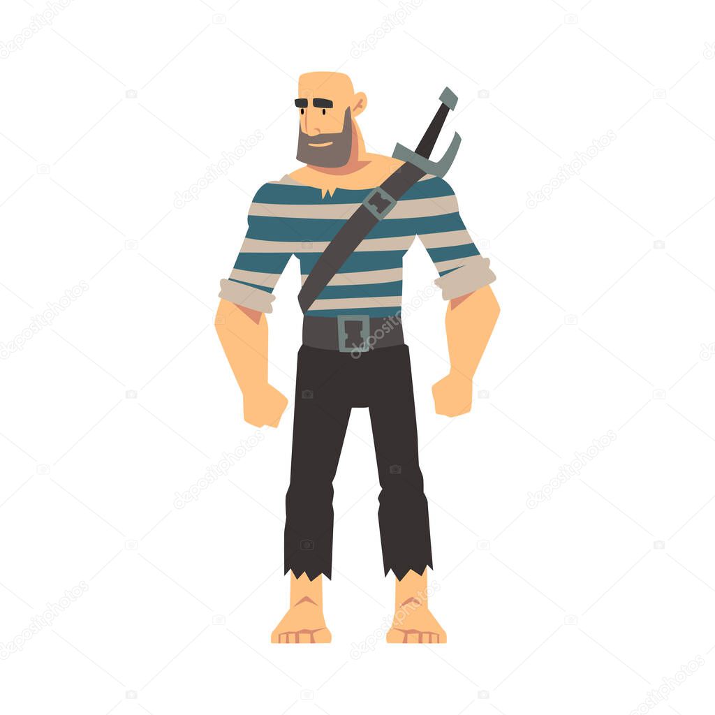 Bearded Brutal Pirate with Sword, Male Buccaneer Cartoon Character Vector Illustration