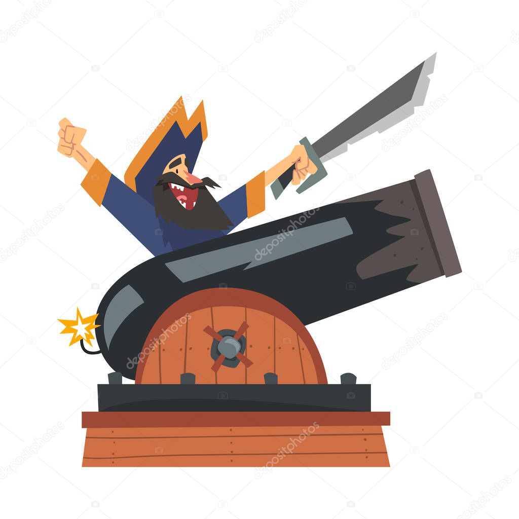 Brave Pirate with Saber Sitting on Gun, Male Buccaneer Cartoon Character Vector Illustration