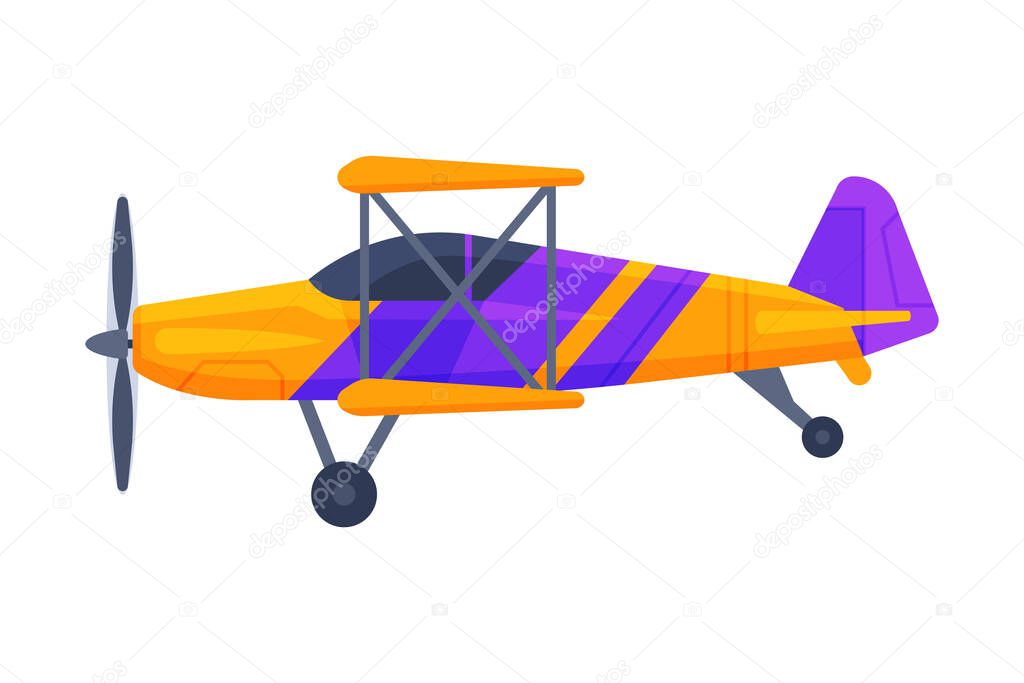Retro Biplane with Propeller, Flying Aircraft Vehicle, Air Transport Vector Illustration