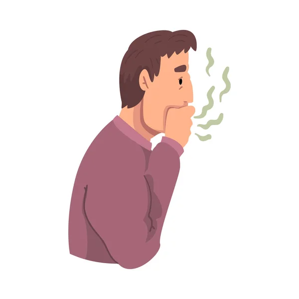 Hombre joven respirando a su mano para comprobar y oler su respiración, persona que tiene mal aliento Vector Ilustración — Archivo Imágenes Vectoriales