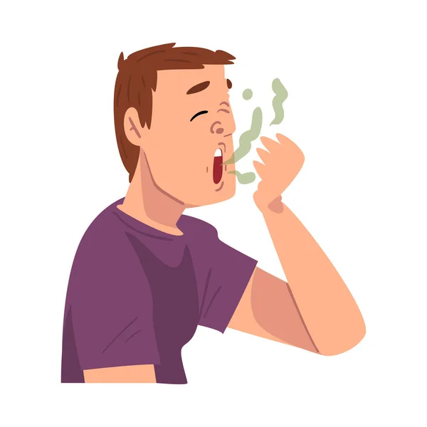 Joven hombre respirando a su mano para comprobar y oler su respiración, mal olor Vector ilustración — Archivo Imágenes Vectoriales