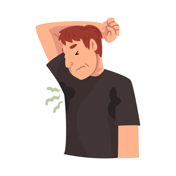 Zweetende jongeman zich slecht voelen ruiken afkomstig uit zijn eigen oksels, persoonlijke hygiëne probleem vector illustratie — Stockvector