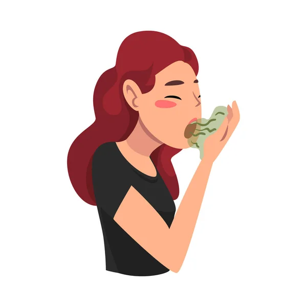 Girl Breathing to Her Hand to Check and Smell Her Breath, Bad Smell Vector Illustration — Stock Vector