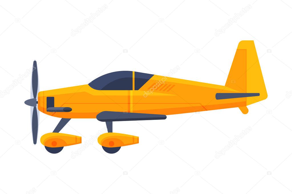 Retro Yellow Airplane with Propeller, Flying Aircraft Vehicle, Air Transport Vector Illustration