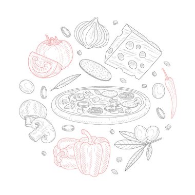 İtalyan Pizza Sancak Şablonu, Geleneksel İtalyan Tabağı Yuvarlak El Çizim Vektörü Resimlerinin İçindekiler