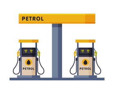 Benzin Doldurma İstasyonu, Benzin ve Petrol Sanayii Düz Stil Vektör Resimleri Beyaz Arkaplanda