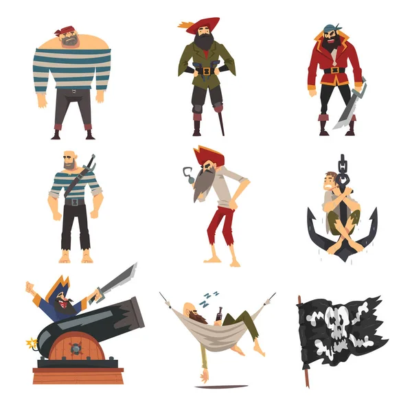 Funny Pirates Collection, Мужчины-буканьеры Мультфильм Персонажи векторной иллюстрации — стоковый вектор