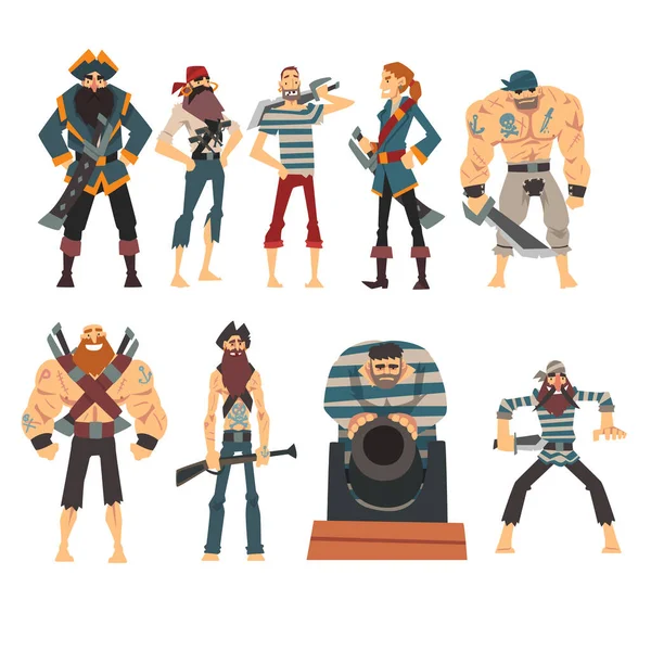 Grappige Piraten Collectie, Boze Gewapende Man Buccaneers Tekenfilm Karakters Vector Illustratie — Stockvector