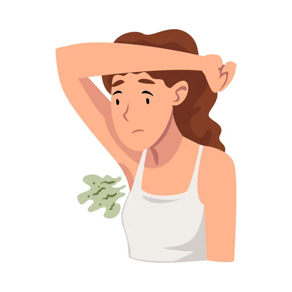 Sweating Young Woman Feeling Bad Smell Coming From Her Own Armpits Vector Illustration — Stock Vector