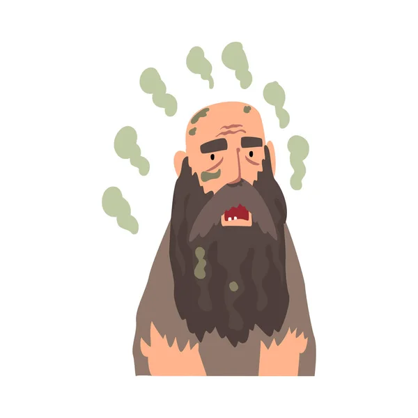 Homem sem-teto barbudo em roupas sujas, mau cheiro cara vetor ilustração — Vetor de Stock