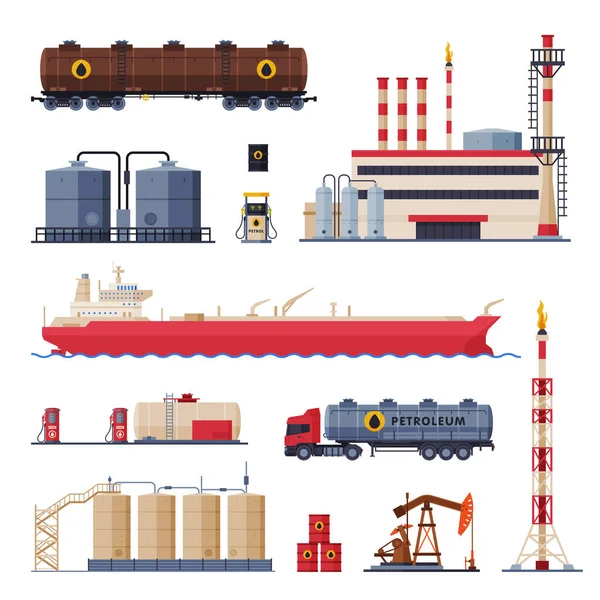Conjunto de Produção, Processamento e Transporte de Petróleo, Indústria de Gasolina e Petróleo Ilustração de Vetor de Estilo Plano — Vetor de Stock