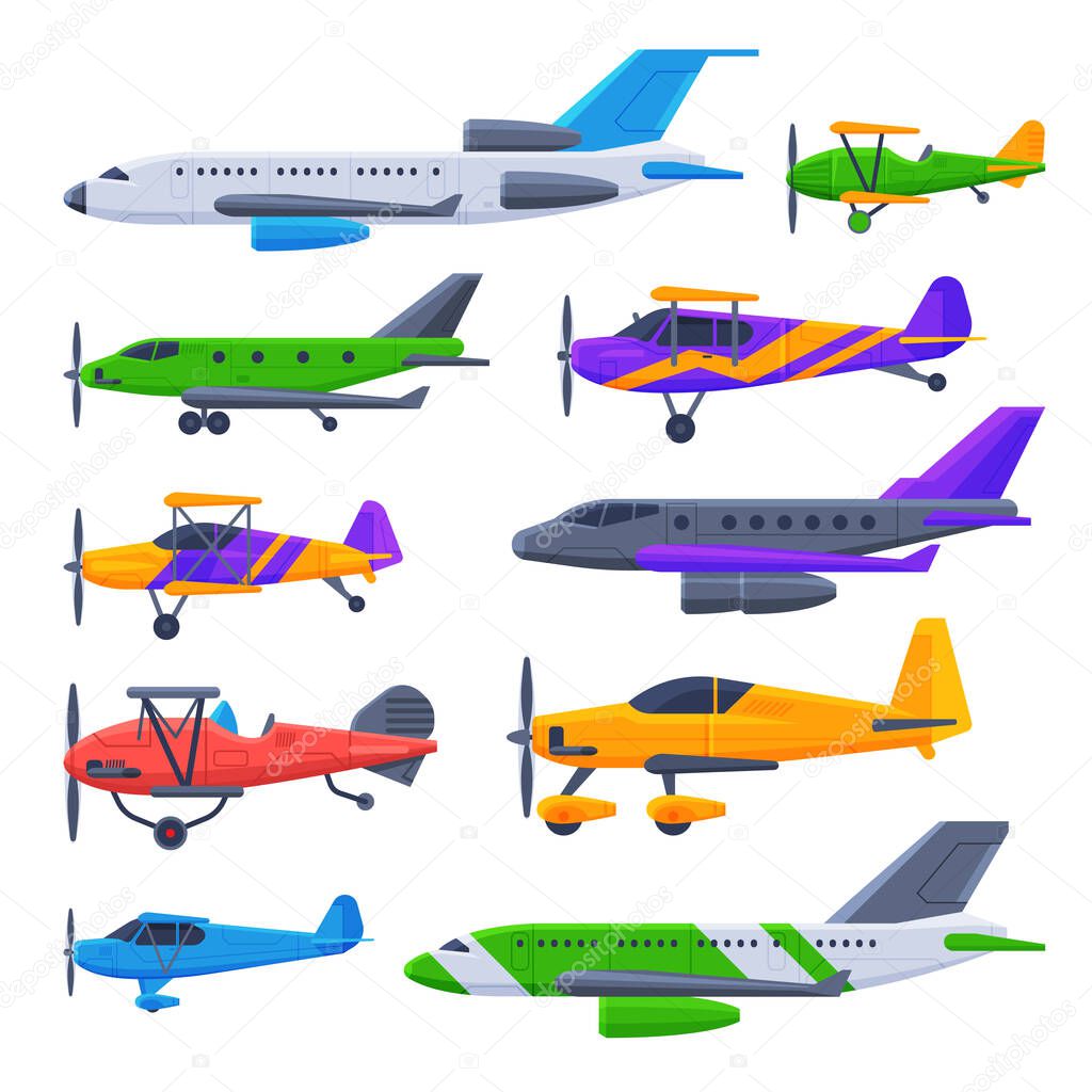 Modern and Retro Airplanes Collection, Flying Aircraft Vehicles, Air Transport Vector Illustration