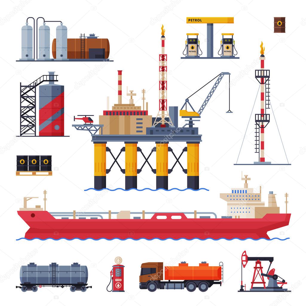 Oil and Gas Production, Processing and Transportation Set, Gasoline and Petroleum Industry Flat Style Vector Illustration on White Background